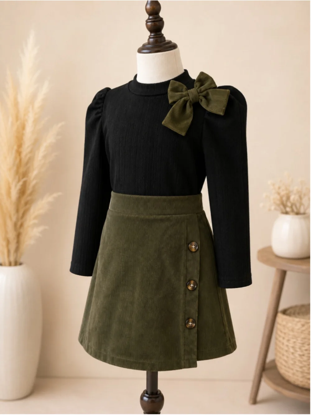 Girl’s Ribbed Knit Bow Sweater & Corduroy Skirt 2-Piece Set – Size 5